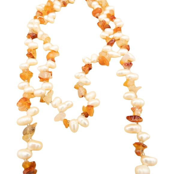 Vintage 90s Orange Citrine Cream Pearl Stone Necklace - Picture 3 of 5